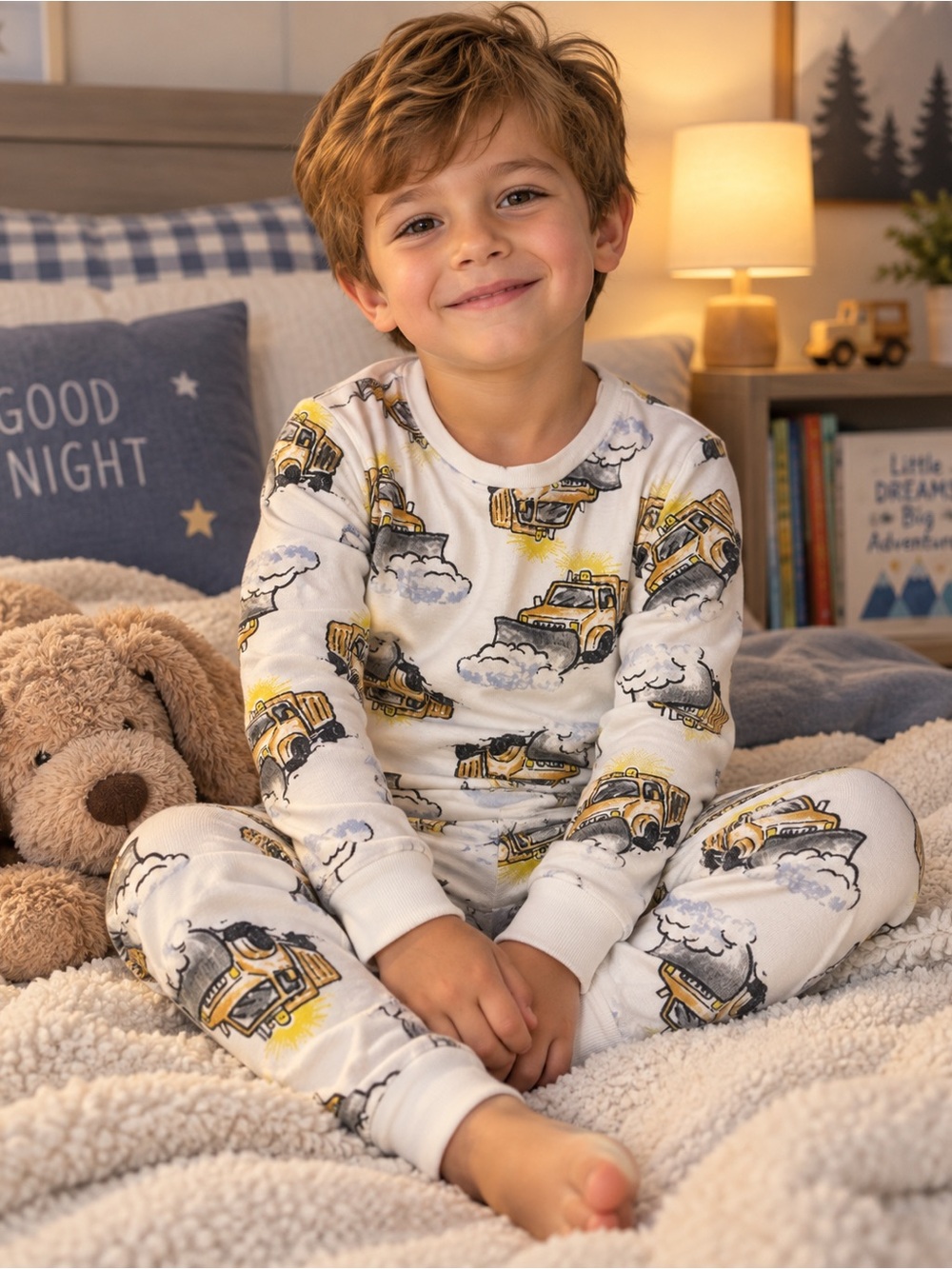 Carter's White Pajama Set with Yellow and Gray Construction Trucks